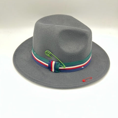 Grey fedora with green and blue details