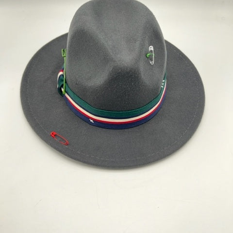Grey fedora with green and blue details