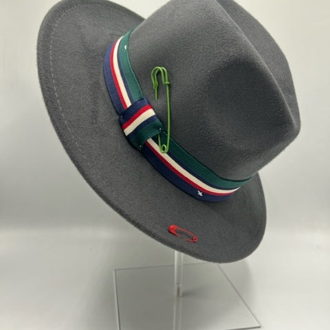 Grey fedora with green and blue details