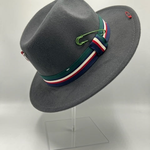 Grey fedora with green and blue details