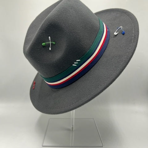 Grey fedora with green and blue details