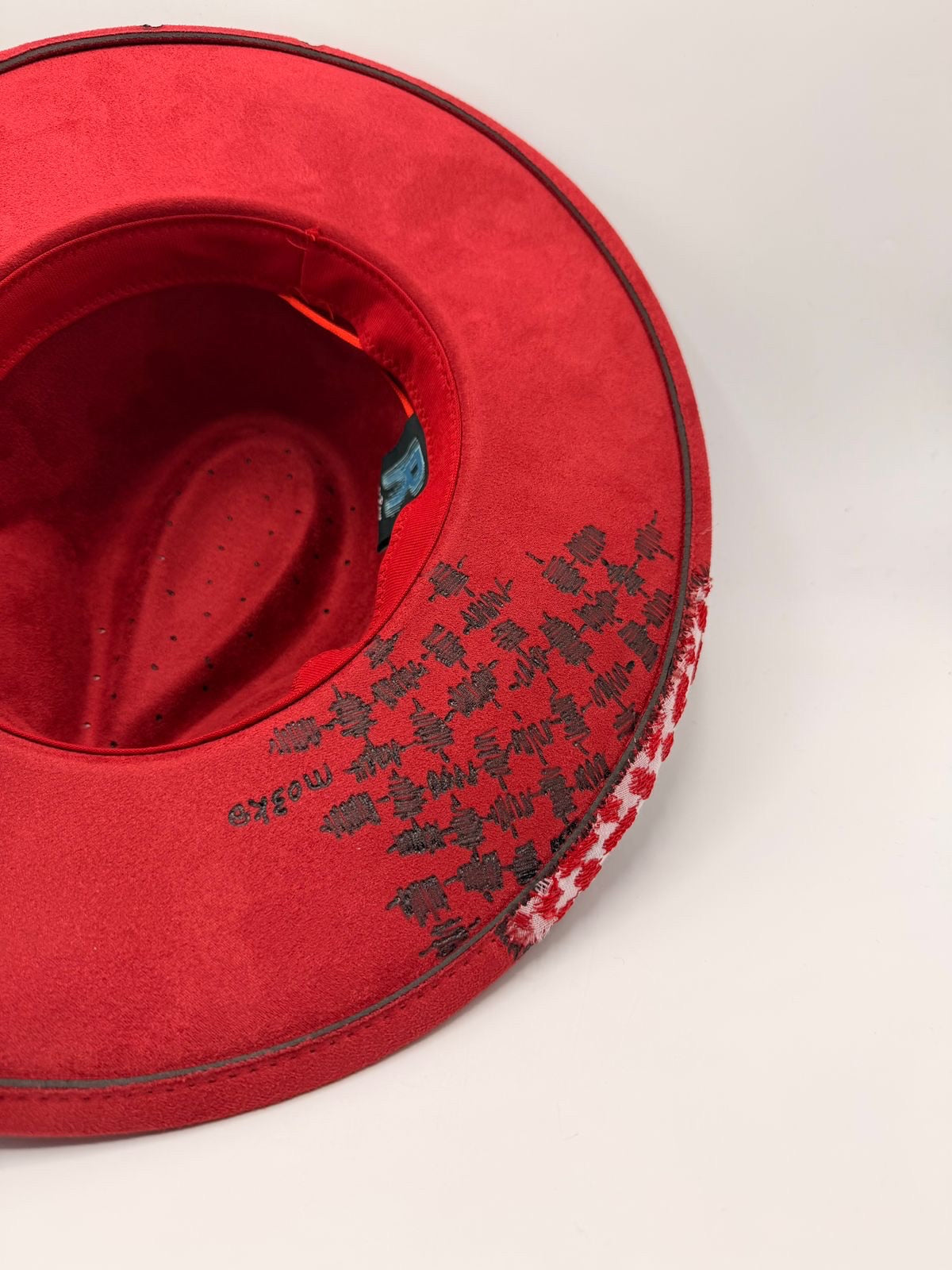 Red wide brim fedora with shemagh fabric