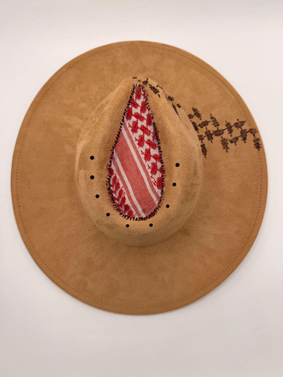 Wide brim light brown fedora with red shemagh fabric