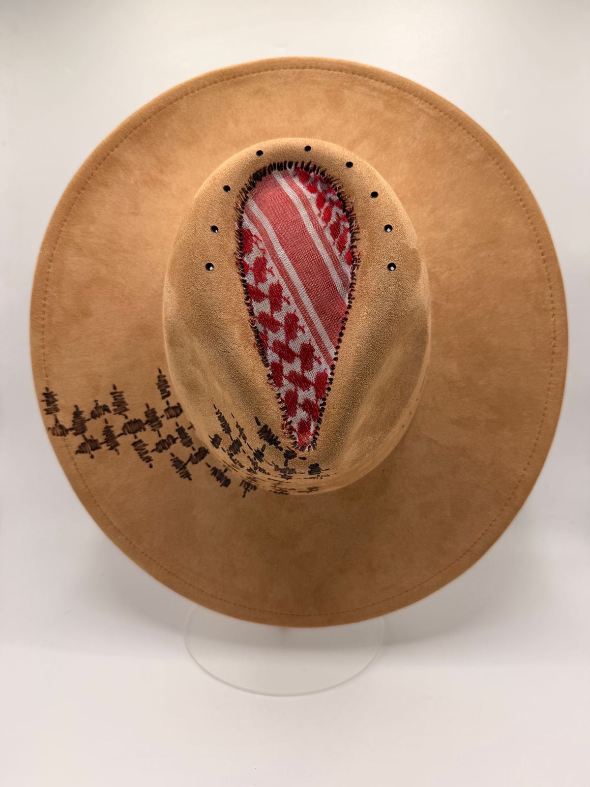 Wide brim light brown fedora with red shemagh fabric