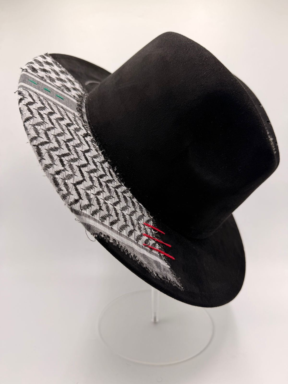 Black suede feroda with black and white shemagh fabric