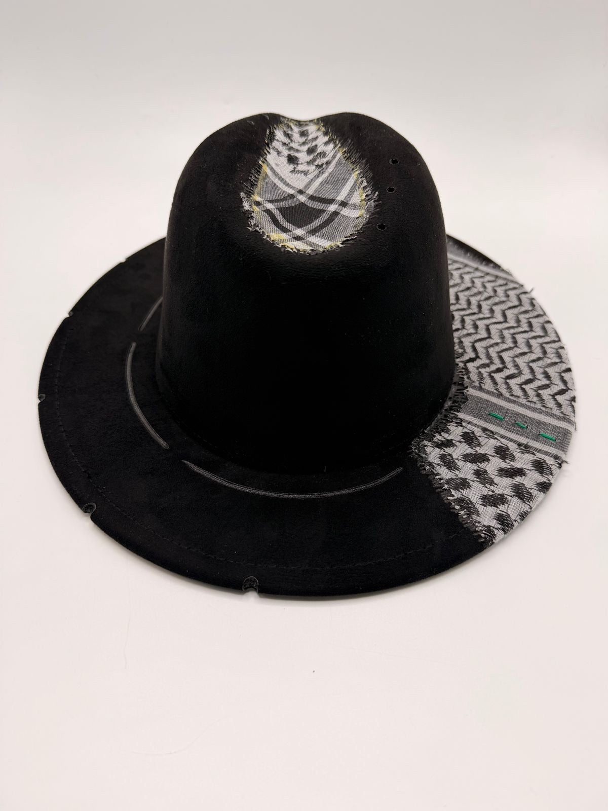 Black suede feroda with black and white shemagh fabric