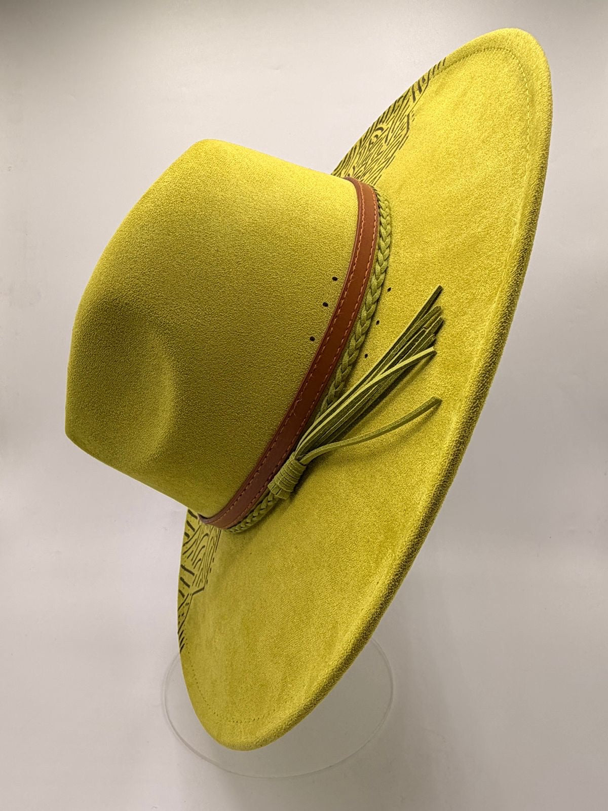 Lime green wide brim fedora with shemag fabric