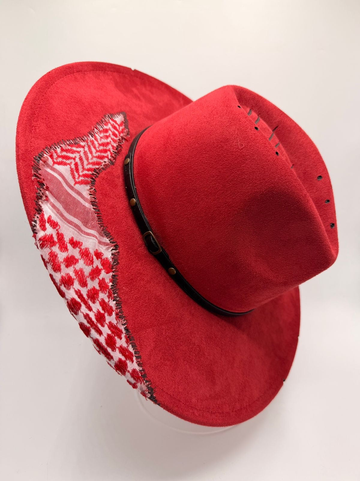 Red wide brim fedora with shemagh fabric