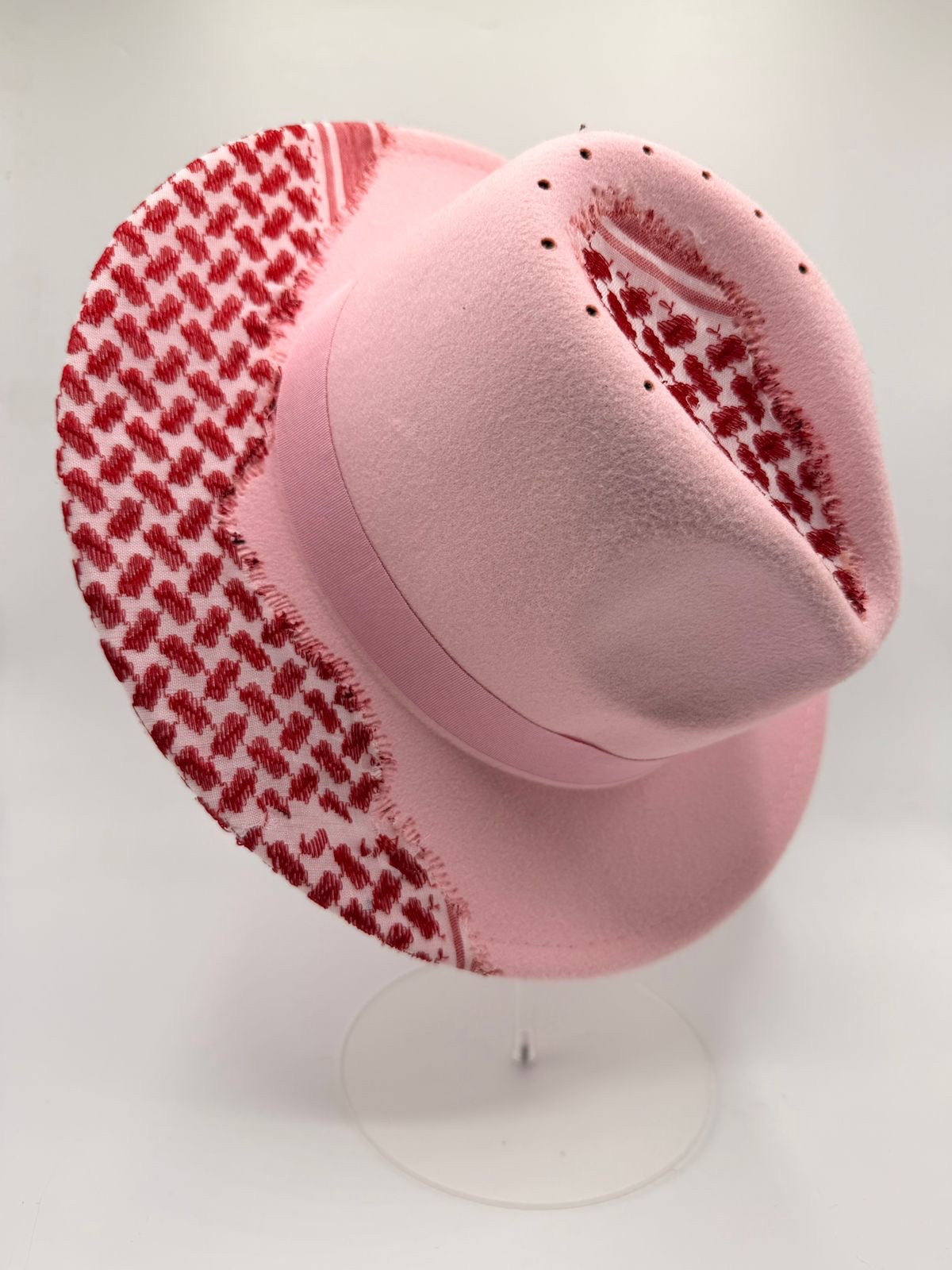 Pink fedora with red shemagh fabric