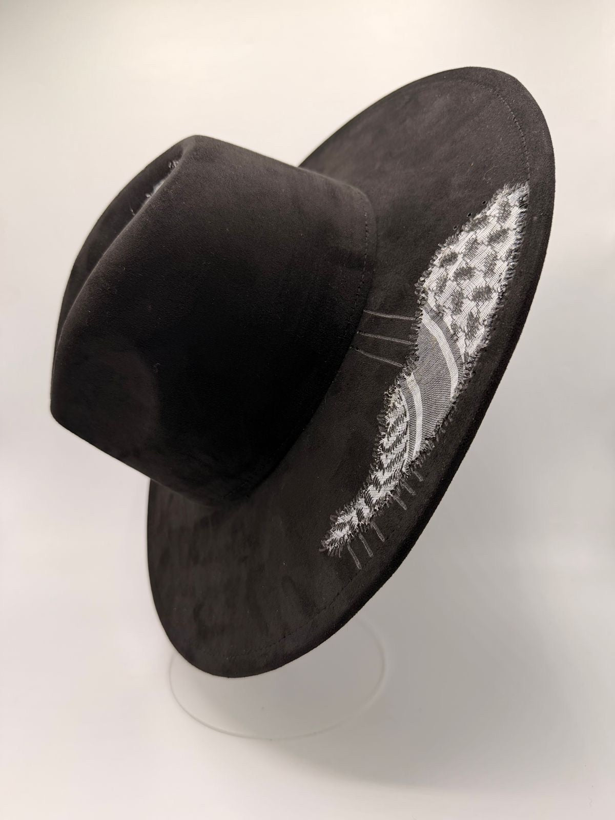 Wide brim black fedora with shemagh fabric