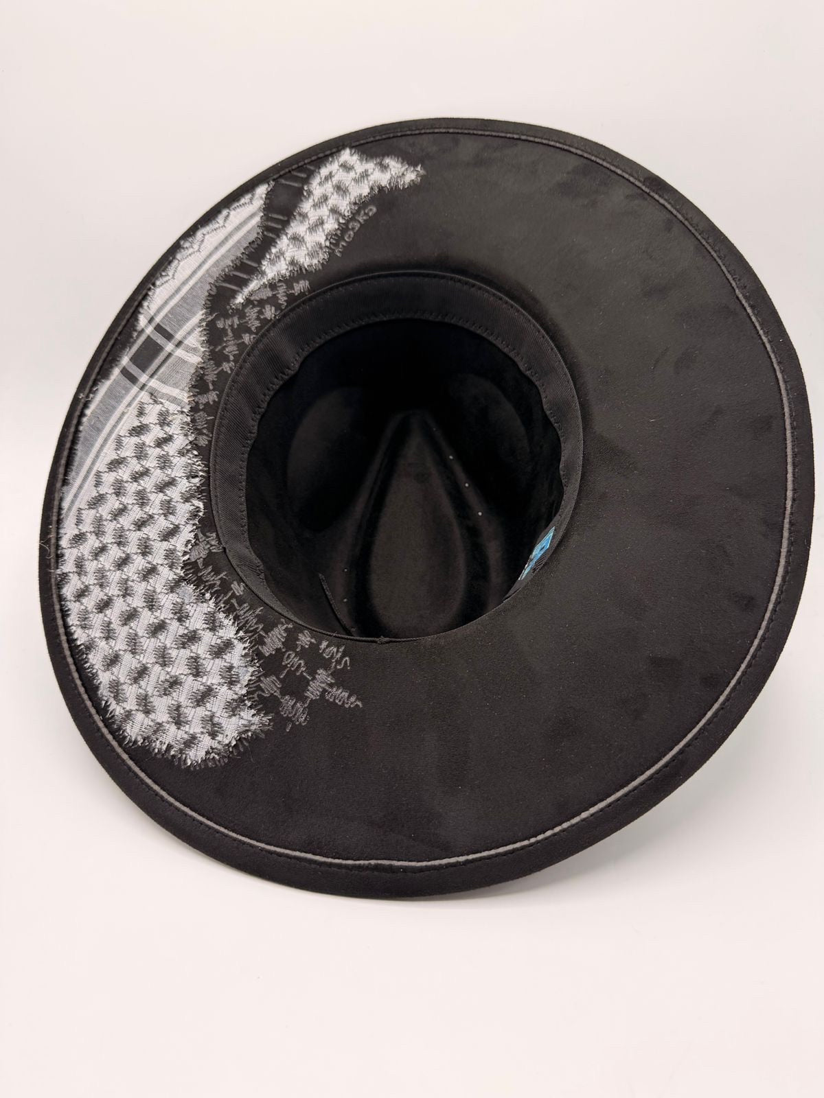 Wide brim black fedora with shemagh fabric