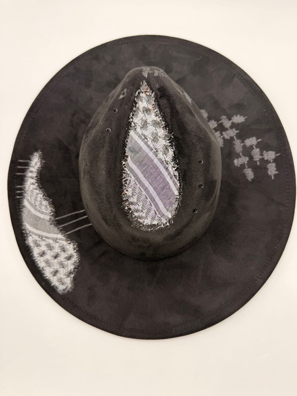 Wide brim black fedora with shemagh fabric