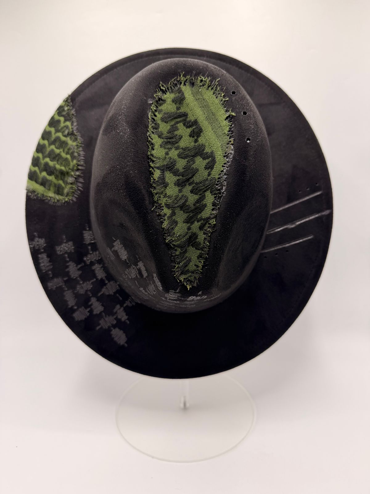 Black fedora with green shemagh fabric