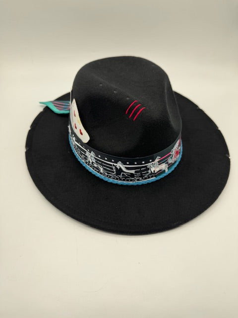 Black fedora with turquoise and red details