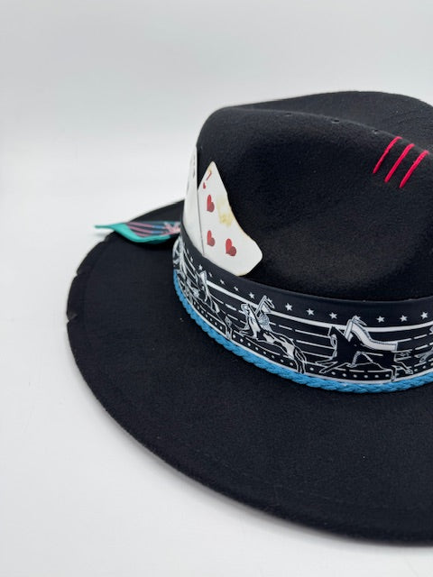 Black fedora with turquoise and red details