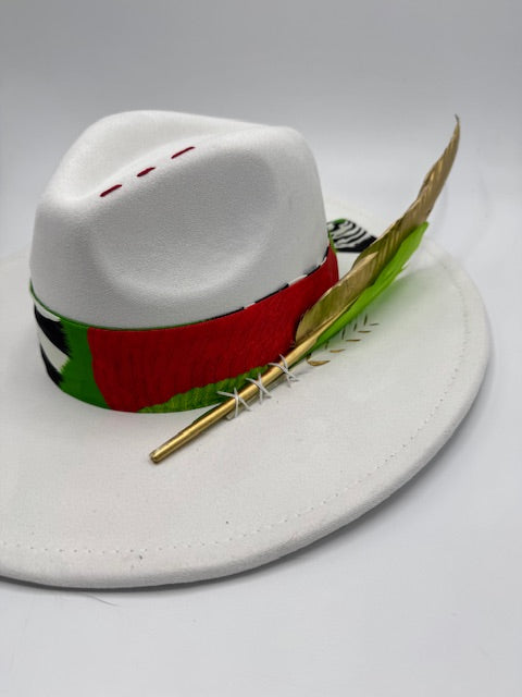Wide brim white Fedora with colorful scarf and gold feather