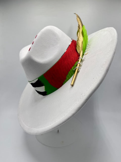 Wide brim white Fedora with colorful scarf and gold feather