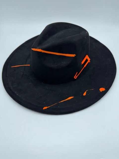 Wide brim black fedora with orange splashes