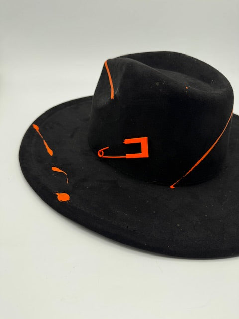 Wide brim black fedora with orange splashes