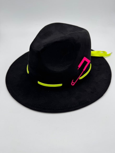 Black suede fedora with phosphoric green and fuckshia