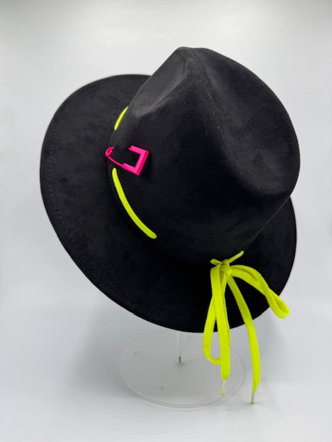 Black suede fedora with phosphoric green and fuckshia