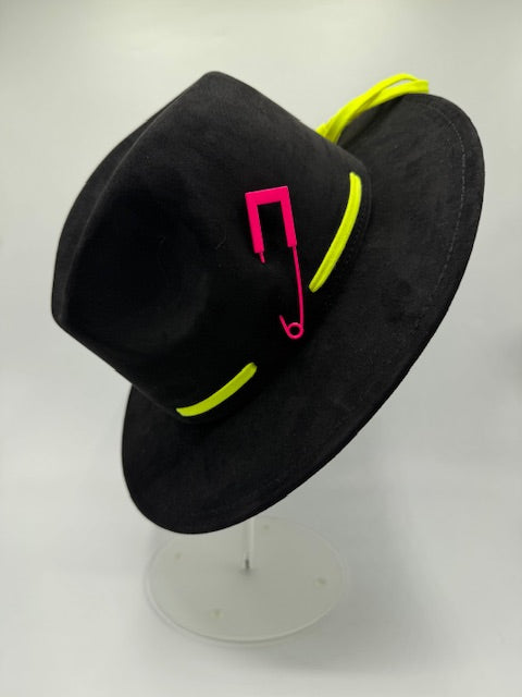Black suede fedora with phosphoric green and fuckshia