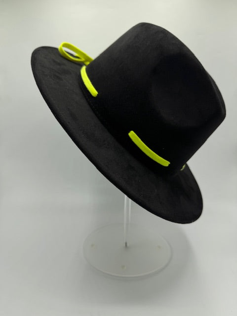 Black suede fedora with phosphoric green and fuckshia