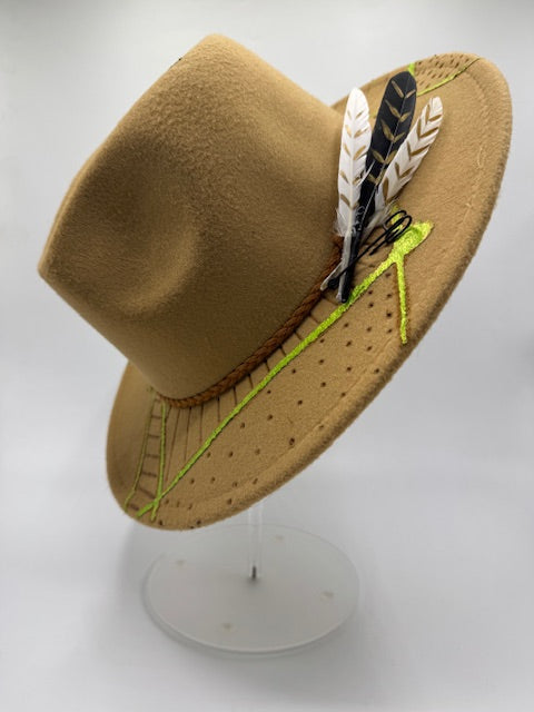 Caramel color fedora with phosphoric green splashes