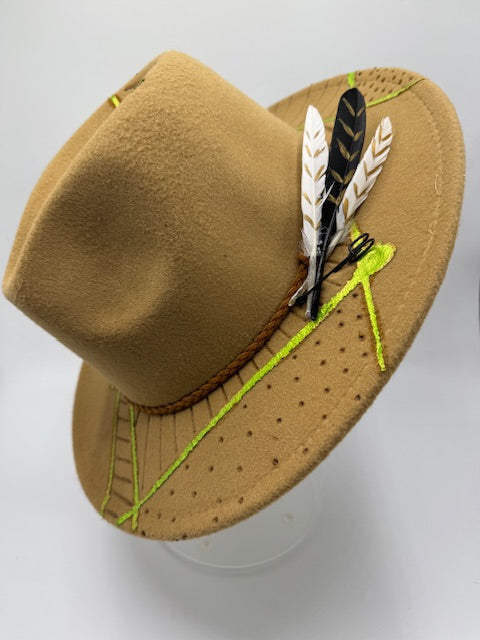 Caramel color fedora with phosphoric green splashes