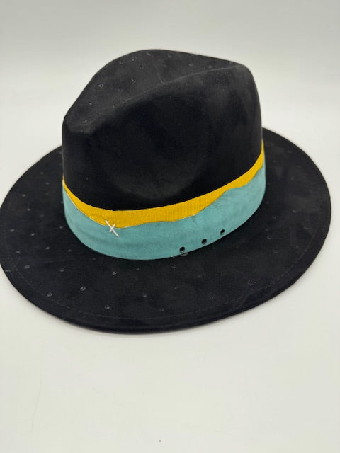 Black suede fedora with turquoise and yellow details