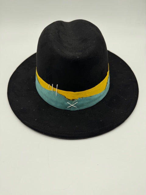 Black suede fedora with turquoise and yellow details