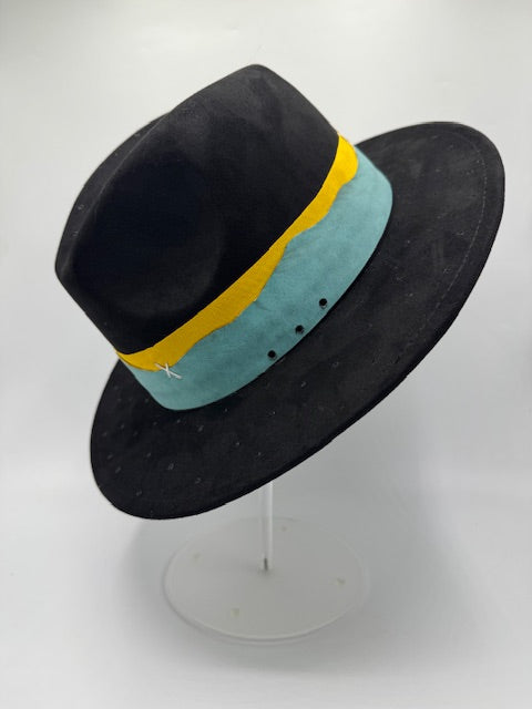 Black suede fedora with turquoise and yellow details