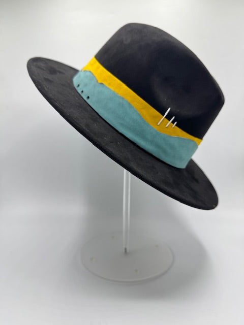 Black suede fedora with turquoise and yellow details