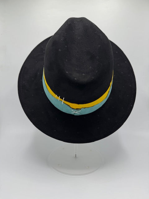 Black suede fedora with turquoise and yellow details