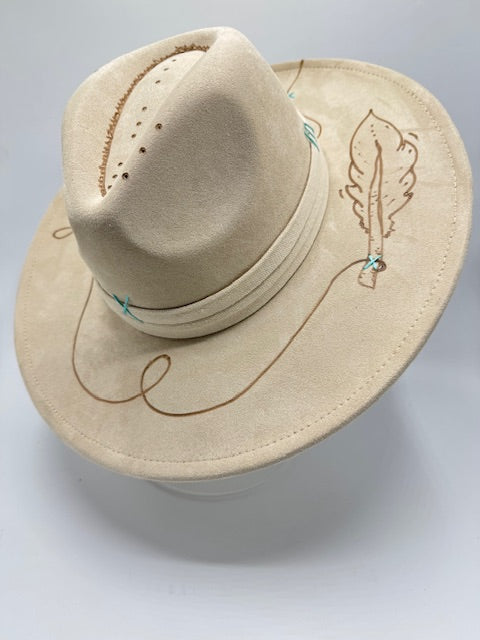 Wide brim off white fedora with carvings and turquoises details