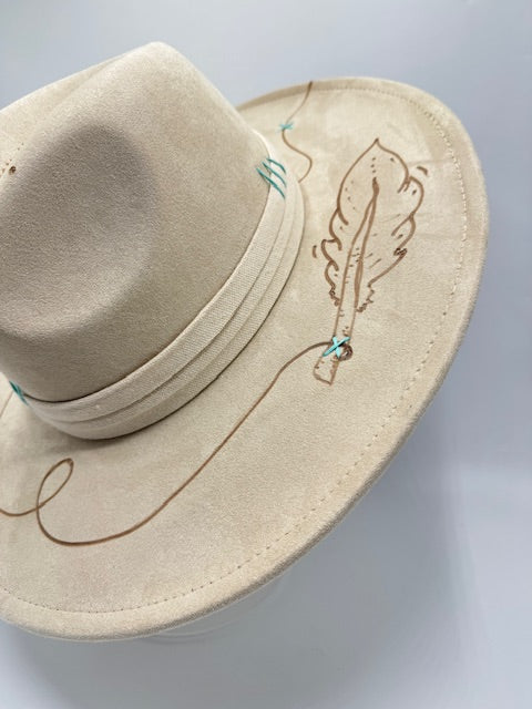 Wide brim off white fedora with carvings and turquoises details