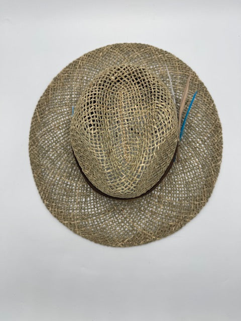 Natural straw unisex hat with turquoise details