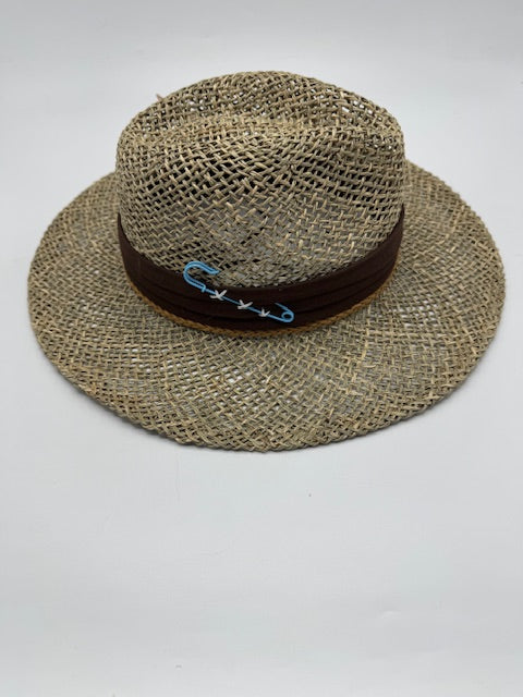 Natural straw unisex hat with turquoise details
