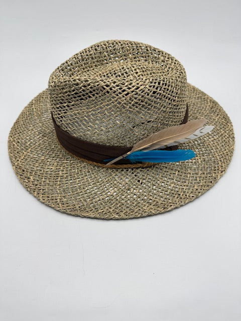 Natural straw unisex hat with turquoise details
