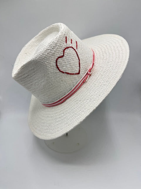 Natural straw fedora with stitched heart