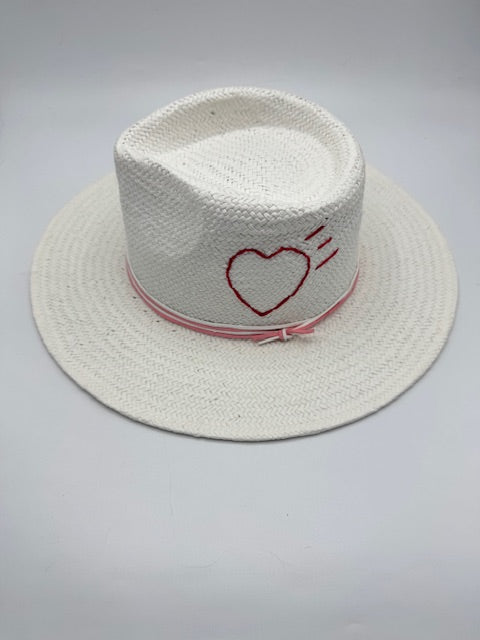 Natural straw fedora with stitched heart