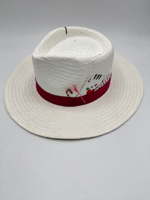 Natural straw white fedora with fuchsia details