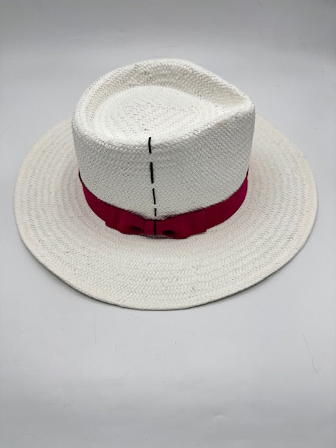 Natural straw white fedora with fuchsia details
