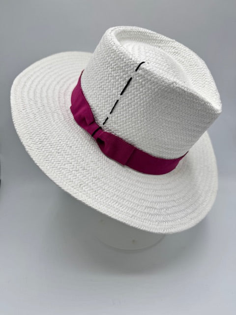 Natural straw white fedora with fuchsia details