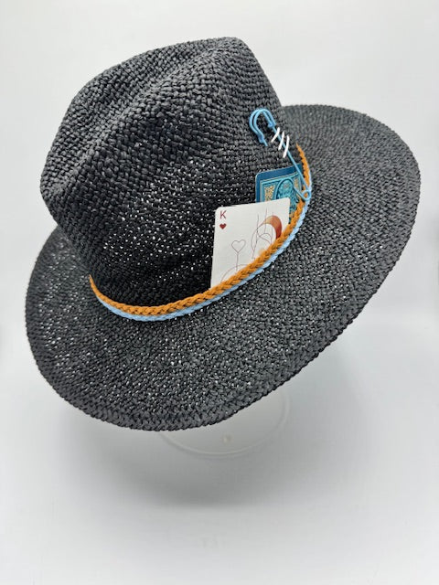 Black natural straw unisex hat with turquoise details and card