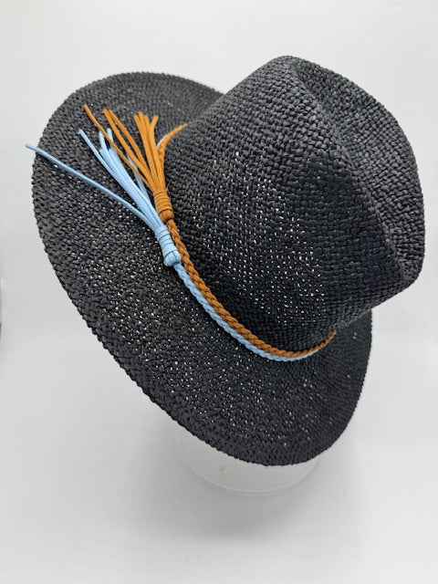 Black natural straw unisex hat with turquoise details and card