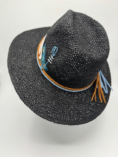 Black natural straw unisex hat with turquoise details and card