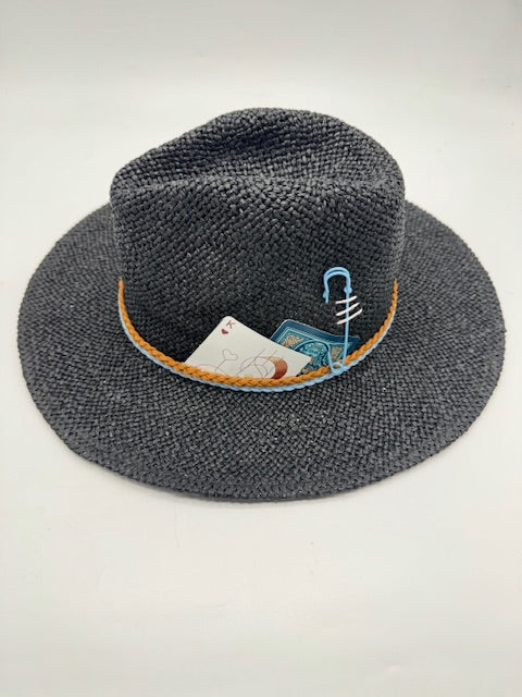 Black natural straw unisex hat with turquoise details and card