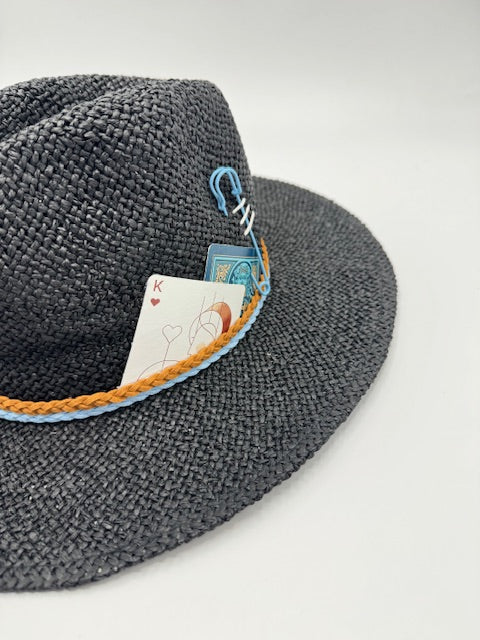 Black natural straw unisex hat with turquoise details and card