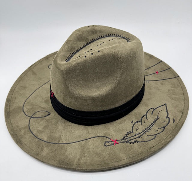 Wide brim army green fedora with carvings